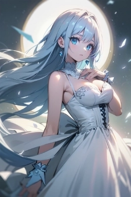 cool beauty,blue eyes, white long hair, white dress, blue tiare, blue earring