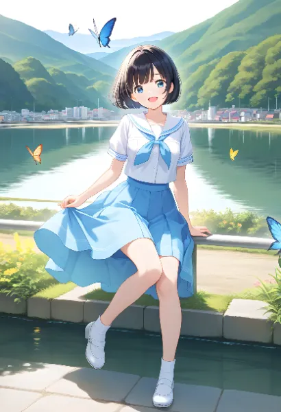 湖畔のセーラー服少女
