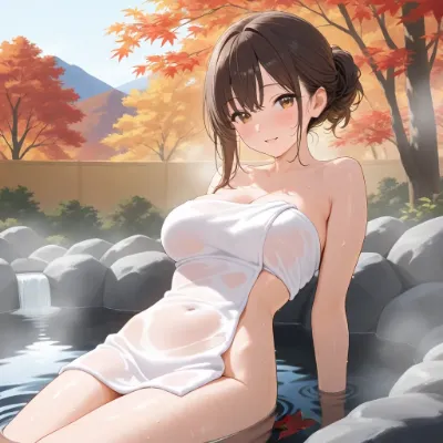 紅葉の温泉で微笑む少女
