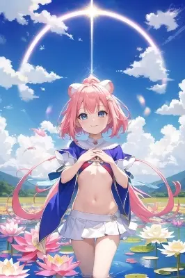 少女、光、円、空、蓮、水、鮮やか爽快、元気、明るい