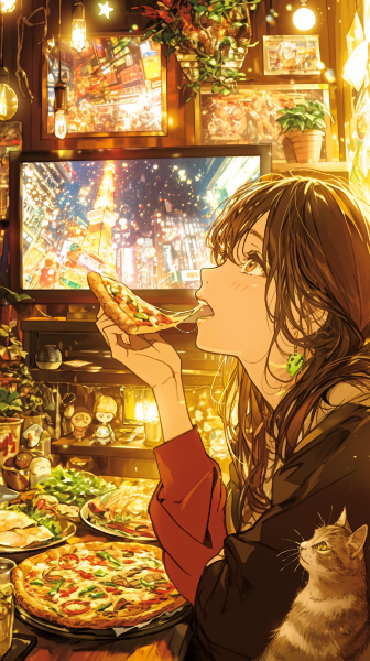 リビングでテレビ観ながらピザを食べる女の子