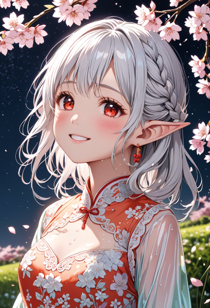 桜舞う夜のエルフの微笑み