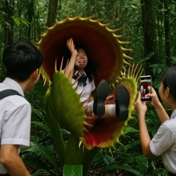動画・巨大植物の罠に落ちた少女の叫び