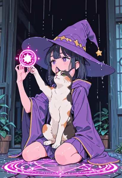 雨夜の魔女と猫の魔法の儀式