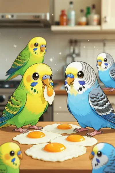目玉焼きを鑑賞する目が何かキラキラしたインコたち