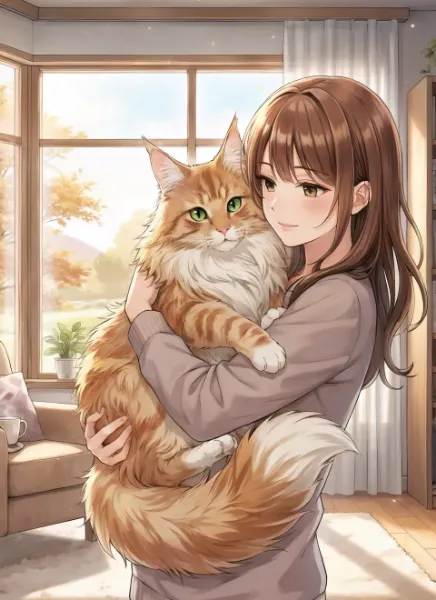 秋の窓辺で猫との温かな抱擁