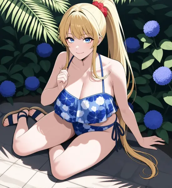 青い花とビキニの金髪少女