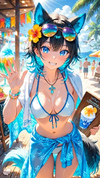 夏のビーチで手を振る青狼娘の笑顔