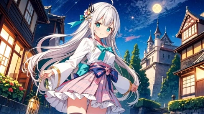 夜空に光る月の元で