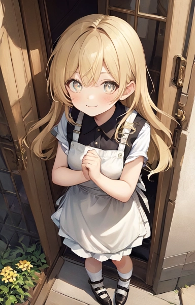 玄関で出迎える金色の髪の少女