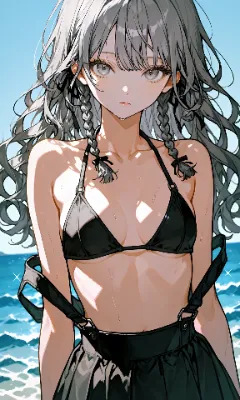 灰色髪ロング　黒ビキニ