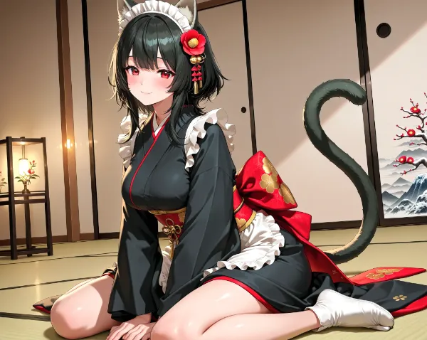 和室でご奉仕♡黒猫メイドの誘惑