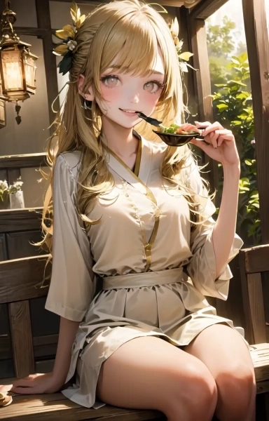 カレーうどんを食する金色の髪の少女