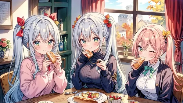 秋風に包まれた三姉妹の朝食タイム