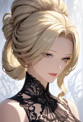 長い金髪を高く結上げた淑女