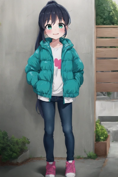 ダウンジャケットとジーンズパンツを着た少女