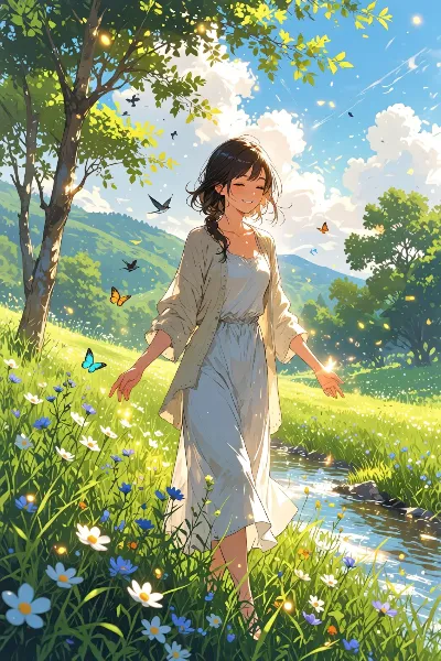 光の粒が舞う草原を歩く少女