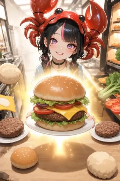 カニさんのバーガーショップ：忙しいキッチン