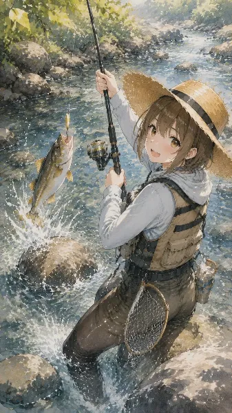 渓流釣りをする麦わら少女
