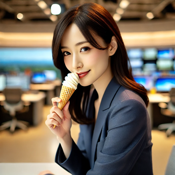 ソフトクリームを食べているアナウンサー