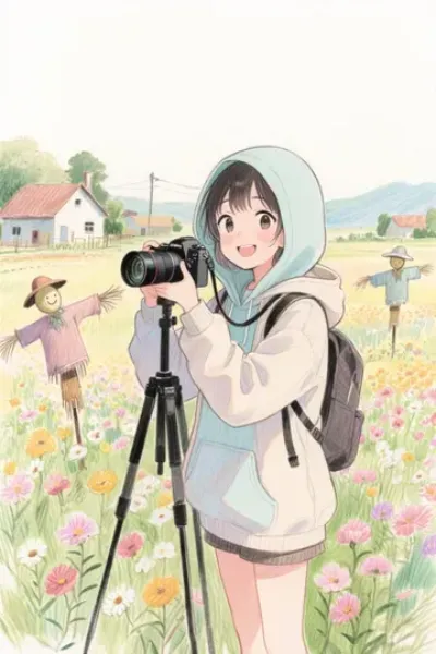 花畑のカメラ少女