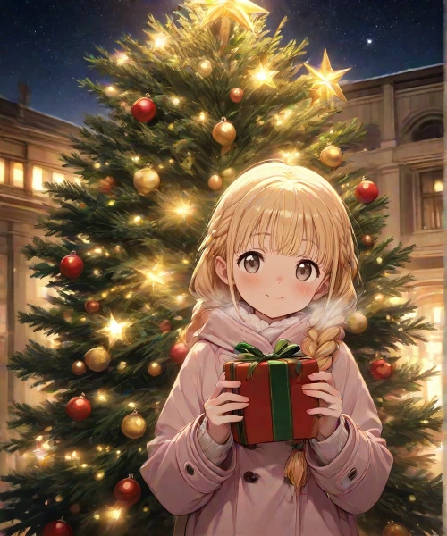 星が輝く夜道で、クリスマスプレゼントを渡すクリスマスイブ