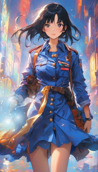 軍服トーンのブルーワンピの黒髪少女