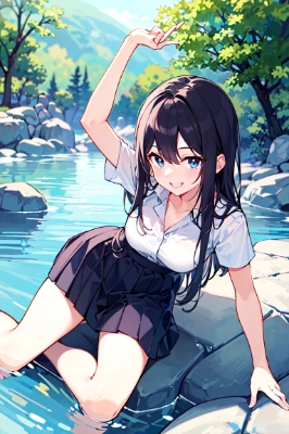 川遊びをする美少女