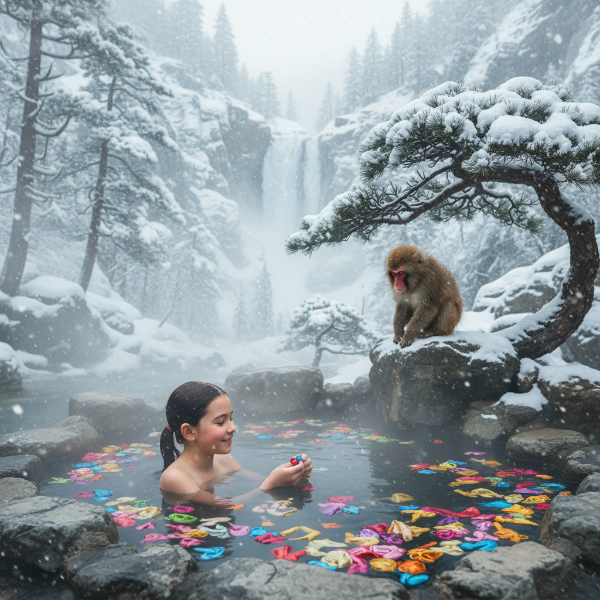 雪の温泉で遊ぶ少女と猿