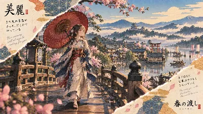 春の渡しを越えて、桜舞う古の橋
