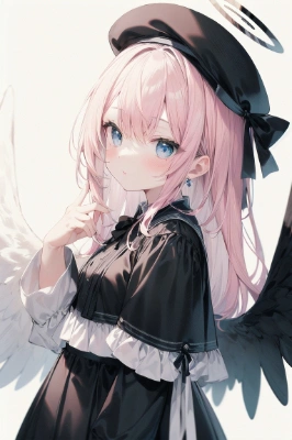 桃色髪・水色目の黒いゴスロリの女の子(天使)