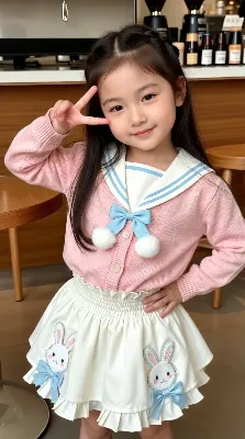 セーラー風スプリングセーターとうさぎアップリケ付きスカートのキメ顔コーデ