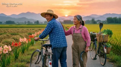 夕暮れの田んぼ道で背中を押し合う帰り道