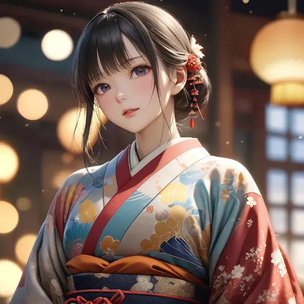 灯りに浮かぶ着物少女