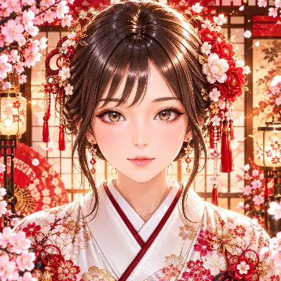 桜の光に輝く着物美人