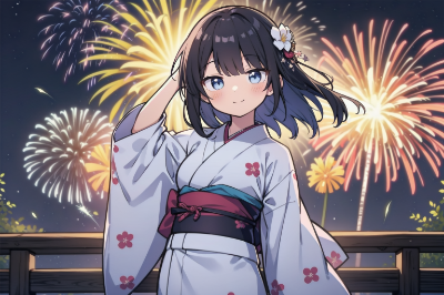 黒髪　着物　花火