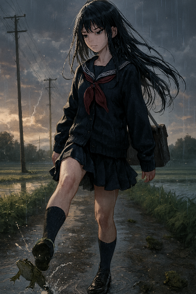 カエルを蹴りながら歩いていた