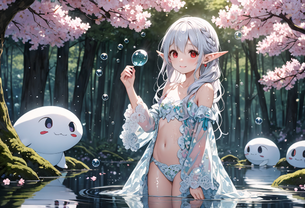 桜の森で泡の魔法に戯れるエルフ