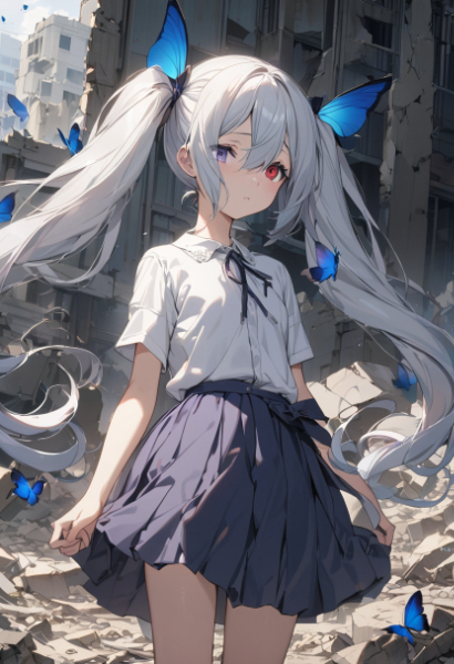 廃墟で佇むオッドアイの少女