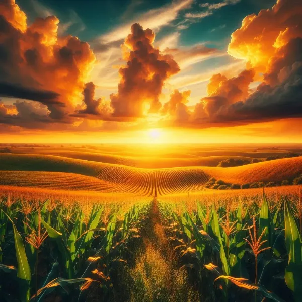 黄金の空とトウモロコシ畑