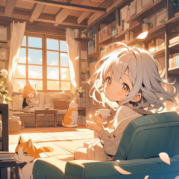 ターコイズ色のソファーベッドと午後のティータイム