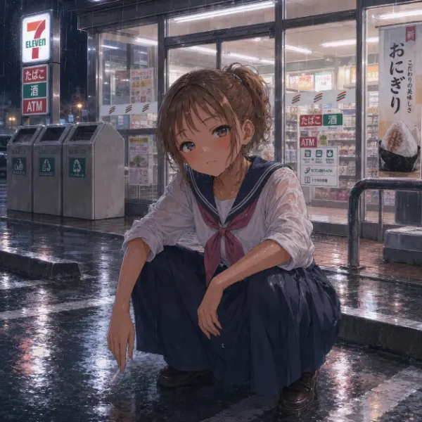 雨の夜のコンビニ前で