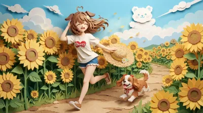 ひまわり畑を走る走る