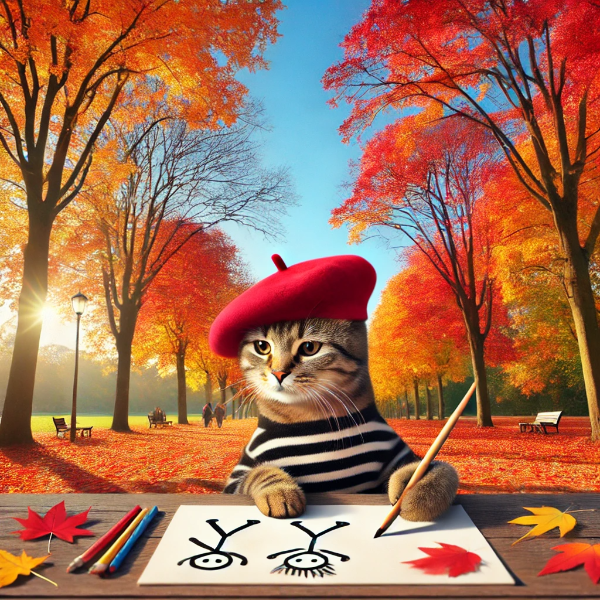 紅葉を見て絵を描く猫さん