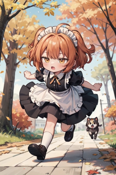 犬と競い合うメイドちゃん