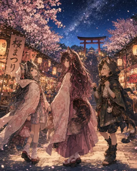 桜花、宵祭り。