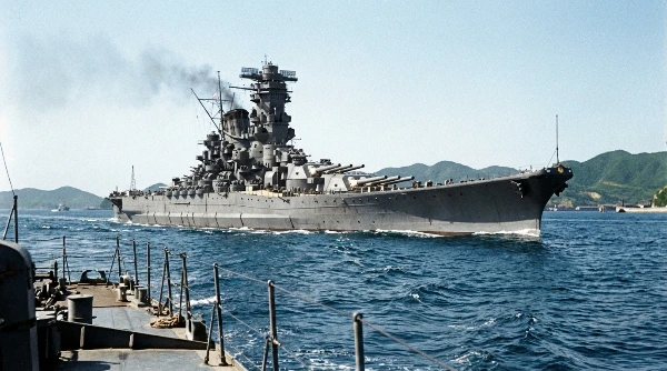 戦艦大和母港呉帰港、随行する駆逐艦より、3月、晴天、視界良好、向かい風3メートル秒。