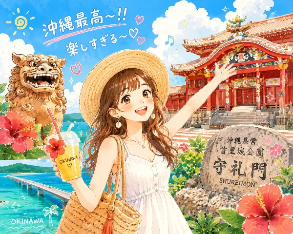 沖縄の守礼門で最高の夏休み