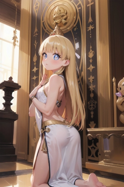 神殿で祈りを捧げる金色の髪の少女