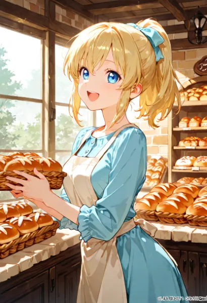 朝陽のパン屋で輝く少女の笑顔